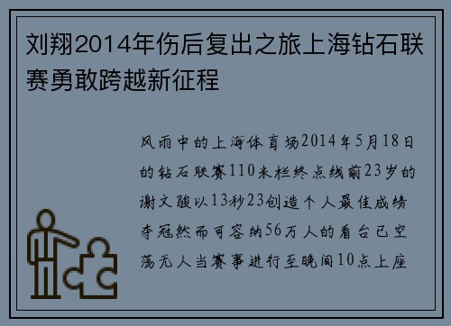 刘翔2014年伤后复出之旅上海钻石联赛勇敢跨越新征程